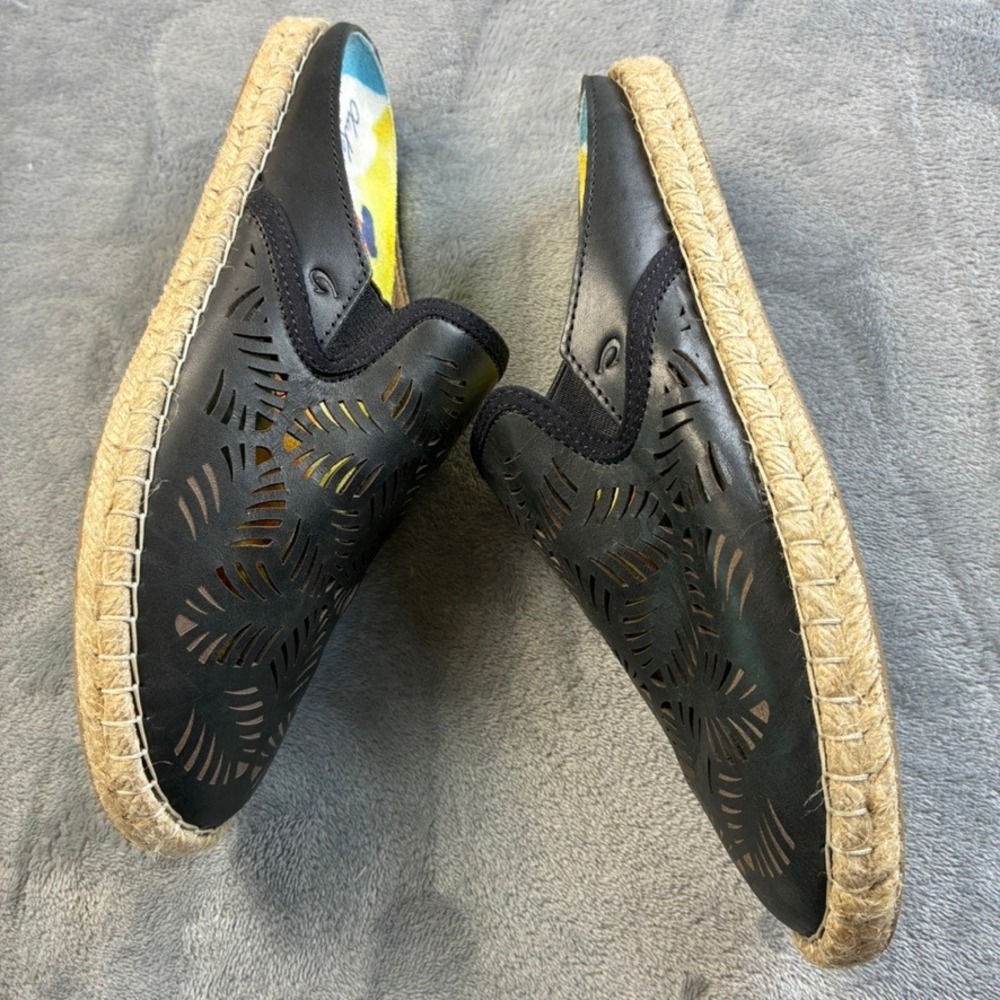OluKai Kaula 'Olu 'Ili Black Leather Laser Cut Espadrille Mules Womens 8 20450 - Picture 10 of 16